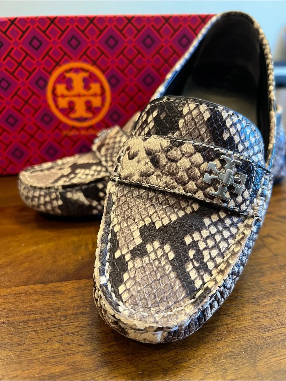 Tory Burch Snake-Embossed Penny Loafers in Black and Cream
